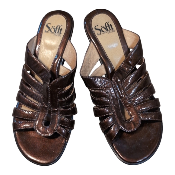 SOFFT Brown Metallic Patent Leather Wedge Sandals SZ 7M - Picture 1 of 9